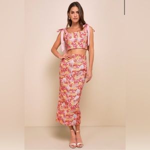 LULUs -Ellarina Pink Multi Metallic Tie-Strap Two-Piece Midi Dress in XS